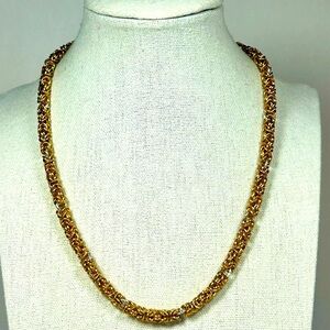 Vintage gold tone with silver accents, Byzantine chain necklace choker heavy